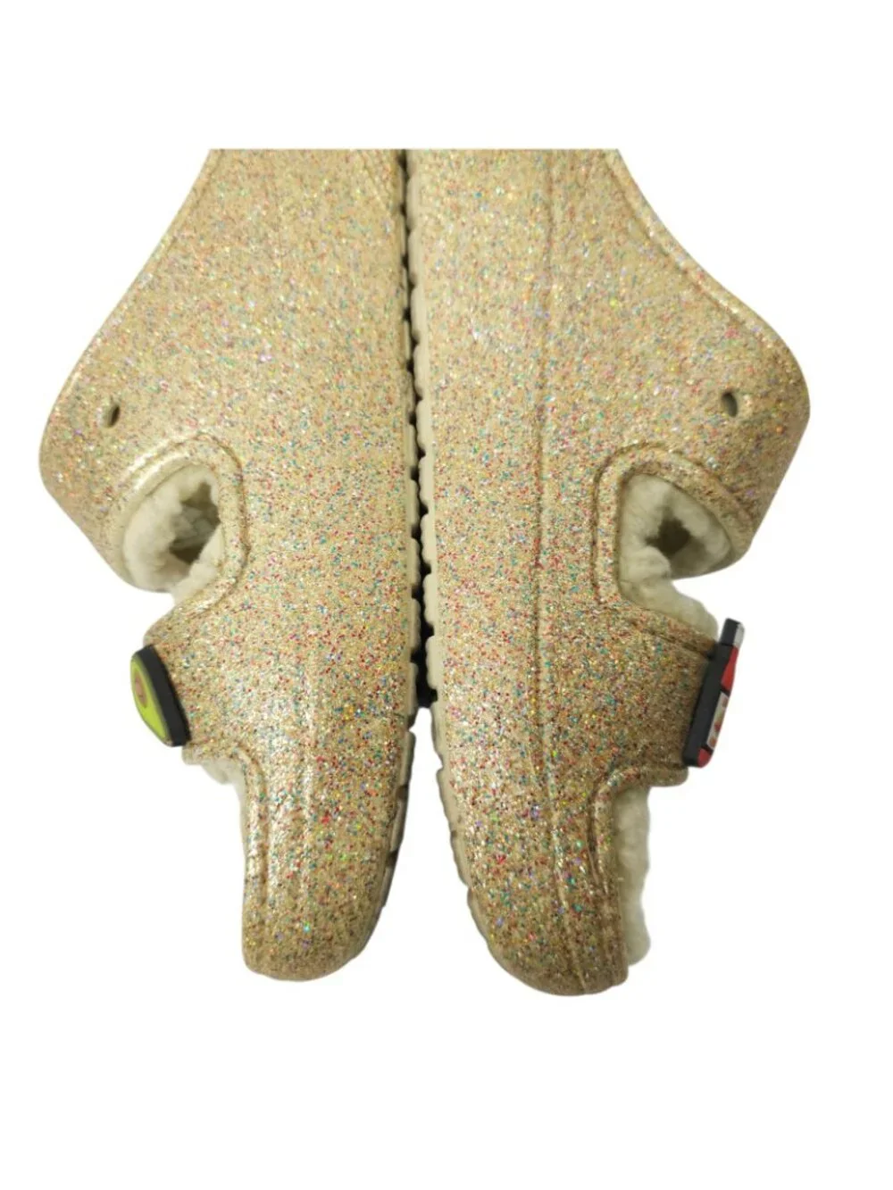 Crocs Classic Cozzzy Glitter Sandals Women 7 Gold Fuzzy Lined Slide Taco Jibbitz